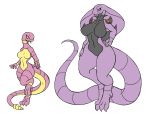  2019 anthro arbok big_breasts breasts duo ekans featureless_breasts female hi_res mammal nintendo nude pok&eacute;mon pok&eacute;mon_(species) rakkuguy reptile scalie simple_background size_difference smile snake snake_hood thick_thighs tongue tongue_out video_games wide_hips 