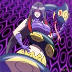  1:1 ambiguous_gender big_breasts black_hair black_scales breasts cleavage clothed clothing drawsputin duo fangs female feral glowing glowing_eyes hair hi_res human human_focus long_hair long_tongue mammal navel nintendo pike_queen_lucy pok&eacute;mon pok&eacute;mon_(species) purple_scales red_eyes red_teeth reptile scales scalie seviper tongue tongue_out video_games wrapped 