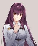  1girl arm_up belt breasts chaldea_uniform collar cosplay fare fate/grand_order fate_(series) fujimaru_ritsuka_(female) fujimaru_ritsuka_(female)_(cosplay) grey_background long_hair long_sleeves looking_at_viewer purple_hair red_eyes scathach_(fate)_(all) scathach_(fate/grand_order) simple_background smile solo uniform 