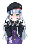  1girl beret blush breasts duau8877 facepaint fingersmile girls_frontline gloves green_eyes hat highres hk416_(girls_frontline) iron_cross long_hair medium_breasts military_jacket silver_hair simple_background solo teardrop upper_body white_background 