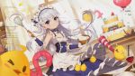  1girl absurdres apron azur_lane balloon belchan_(azur_lane) belfast_(azur_lane) blush breasts cake collarbone cup drinking_glass food highres lavender_hair long_hair looking_at_viewer maid_headdress manjuu_(azur_lane) moonofmonster purple_eyes sleeveless small_breasts solo whisking wine_glass 