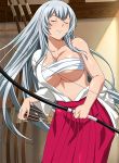  1girl bow_(weapon) breasts chouun_shiryuu cleavage closed_eyes clothes_down collarbone cowboy_shot floating_hair hair_between_eyes hakama highres holding holding_bow_(weapon) holding_weapon ikkitousen indoors japanese_clothes kimono large_breasts long_hair open_clothes open_kimono red_hakama sarashi silver_hair smile solo standing underboob very_long_hair weapon white_kimono 