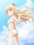  1girl ass bikini blonde_hair blue_eyes blush bow breasts cloud cloudy_sky eyebrows eyebrows_visible_through_hair grin groin hair_bow hair_ornament long_hair looking_back medium_breasts outdoors parted_lips ren_kon shiny shiny_hair shiny_skin side-tie_bikini sky smile solo swimsuit swimwear teeth toshinou_kyouko white_bikini yuru_yuri 