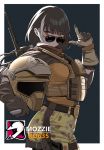  1girl biker black_hair bulletproof_vest character_name commentary_request cosplay girls_frontline gloves gun hand_gesture headwear_removed helmet helmet_removed heterochromia highres looking_at_viewer multicolored_hair rainbow_six_siege red_eyes ro635_(girls_frontline) solo sunglasses tactical_clothes two-tone_hair weapon white_hair yellow_eyes yitiao_er-hua 
