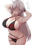  1girl ahoge armpits arms_behind_head bare_shoulders bikini black_bikini black_choker black_gloves blush breasts choker collarbone commentary_request cowboy_shot eyebrows_visible_through_hair fate/grand_order fate_(series) gloves hair_between_eyes huge_breasts jeanne_d&#039;arc_(alter)_(fate) jeanne_d&#039;arc_(alter_swimsuit_berserker) jeanne_d&#039;arc_(fate)_(all) jema long_hair looking_at_viewer midriff motion_lines navel o-ring o-ring_bikini o-ring_bottom o-ring_top sideboob silver_hair skindentation slit_pupils solo swimsuit thick_thighs thighs translation_request underboob very_long_hair white_background yellow_eyes 