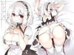  1girl anchor anchor_choker apron ass azur_lane bangs bed_sheet blush breasts choker collarbone commentary eyebrows_visible_through_hair frilled_apron frilled_choker frills from_above hair_between_eyes hairband interlocked_fingers lace-trimmed_hairband large_breasts looking_at_viewer looking_back maid maid_apron multiple_views open_mouth own_hands_together partially_visible_vulva puffy_sleeves red_eyes shimeji_(4_me_ji) short_sleeves sidelocks sirius_(azur_lane) thighs top-down_bottom-up waist_apron white_apron white_hair white_legwear 