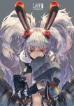  1girl 9ji animal_ears azur_lane bunny_ears detached_sleeves fur-trimmed_jacket fur_trim hair_between_eyes hairband headband headgear highres jacket laffey_(azur_lane) navel open_clothes open_jacket pink_jacket red_eyes remodel_(azur_lane) rigging silver_hair sleeveless_jacket solo twintails white_bikini_top 