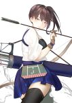  apron bow_(weapon) brown_eyes brown_hair commentary_request hakama hakama_skirt japanese_clothes kaga_(kantai_collection) kantai_collection long_hair muneate nello_(luminous_darkness) quiver shield side_ponytail splashing tasuki thighhighs tsurime water weapon white_background yumi_(bow) 