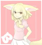  1girl animal_ears blonde_hair breasts closed_mouth commentary_request fennec_(kemono_friends) hair_between_eyes highres kemono_friends looking_at_viewer matsunaga777 pink_background pink_shirt pleated_skirt raccoon_ears raccoon_tail shirt short_sleeves skirt small_breasts solo tail white_skirt yellow_neckwear 
