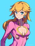  1girl blonde_hair blue_background blue_eyes breasts cleavage collarbone cosplay earrings giorno_giovanna giorno_giovanna_(cosplay) heart_cutout jacket jewelry jojo_no_kimyou_na_bouken long_hair long_sleeves looking_at_viewer mario_(series) open_mouth phiphi-au-thon pink_jacket ponytail princess_peach shiny shiny_hair simple_background small_breasts solo standing upper_body 