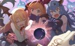 3girls animal_ears arm_hug bangs bat_wings black_gloves black_skirt blonde_hair blue_hair book breasts brown_eyes brown_hair bunny_ears clarisse_(granblue_fantasy) commentary_request detached_wings elbow_gloves empty_eyes erune eyebrows_visible_through_hair fang ferry_(granblue_fantasy) flower ghost gloves granblue_fantasy green_eyes hair_between_eyes hair_ribbon head_wings hinami_(hinatamizu) holding holding_book long_hair long_sleeves looking_at_viewer magic medium_breasts multiple_girls open_mouth orange_hair pointy_ears ponytail red_flower red_rose ribbon rose shirt sideboob skirt sleeveless sweat tears vampy wavy_hair white_shirt wings 