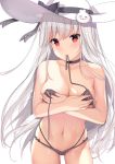  1girl absurdres bangs bare_shoulders bikini blush breasts cleavage collarbone covering covering_breasts cowboy_shot eyebrows_visible_through_hair grey_bikini grey_choker hair_ornament hat highres large_breasts long_hair looking_at_viewer multi-strapped_bikini navel niliu_chahui original red_eyes ribbon sidelocks silver_hair simple_background skindentation solo stomach sun_hat swimsuit thighs tokisaki_mio untied untied_bikini very_long_hair white_background white_headwear 
