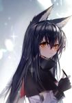  1girl :t animal_ear_fluff animal_ears arknights bangs baocaizi black_capelet black_gloves black_hair blush brown_eyes capelet closed_mouth eyebrows_visible_through_hair fingerless_gloves gloves hair_between_eyes highres holding jacket long_hair long_sleeves looking_at_viewer looking_to_the_side solo sparkle texas_(arknights) upper_body very_long_hair white_jacket 