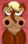  2019 big_breasts blonde_hair breasts digital_media_(artwork) elephantid eyewear female fur glasses hair hi_res klr-rio lying mammal mammoth nipples on_back proboscidean pussy red_eyes rina_(klr-rio) simple_background solo trunk tusks 