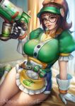  1girl alternate_costume bed black-framed_eyewear bow breasts brown_eyes brown_hair freckles gloves hair_bow large_breasts long_hair looking_at_viewer mei_(overwatch) nudtawut_thongmai orange_bow overwatch solo sunlight thick_thighs thighs white_gloves wide_hips window 