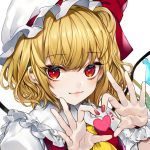  1girl ascot bangs blonde_hair bow commentary_request crystal daimaou_ruaeru ear_piercing eyebrows_visible_through_hair flandre_scarlet frilled_shirt_collar frills hands_up hat hat_bow heart heart_hands highres looking_at_viewer mob_cap nail_polish one_side_up piercing portrait red_bow red_eyes red_nails red_vest short_hair sidelocks simple_background smile solo touhou vest white_background white_headwear wings wrist_cuffs yellow_neckwear 