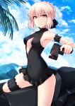  arm_garter artoria_pendragon_(all) bangs black_swimsuit blonde_hair blue_sky breasts cleavage_cutout cloud covered_navel cross_(crossryou) day eyebrows_visible_through_hair fate/grand_order fate_(series) frills ground_vehicle gun halterneck holding holding_gun holding_weapon leg_garter looking_at_viewer medium_breasts motor_vehicle motorcycle mountainous_horizon one-piece_swimsuit outdoors saber_alter short_hair sitting sky swimsuit swimsuit_skirt tree weapon yellow_eyes 