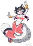  anthro black_hair breasts cleavage clothed clothing eyewear felid female glasses hair harem_outfit hi_res kandlin mammal midriff navel odessa_weird one_eye_closed pantherine rubber simple_background snow_leopard solo white_background wink 