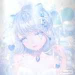  1girl bangs bare_shoulders blue_eyes blue_hair bow choker closed_mouth clover dress english_text facial_mark four-leaf_clover hair_ornament heart lips long_hair looking_at_viewer mimumiri original solo strapless strapless_dress upper_body white_bow white_dress 