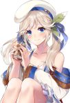  1girl beret blonde_hair blue_eyes breasts cleavage cucouroux_(granblue_fantasy) drink glass granblue_fantasy hat highres ice ice_cube off_shoulder panda_inu sitting smile sweat twintails white_background 