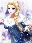  1girl bare_shoulders blonde_hair blue_dress blue_eyes braid breasts cleavage collarbone disney dress elsa_(frozen) esther eyeshadow frozen_(disney) fur-trimmed_dress hair_over_shoulder long_hair looking_at_viewer makeup medium_breasts single_braid solo 