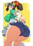  1girl absurdres alternate_costume alternate_hairstyle apron artist_name ass black-framed_eyewear blush breasts brown_eyes brown_hair curvy from_behind glasses gloves hair_ribbon highres honeydew_mei large_breasts looking_back mei_(overwatch) nisego overwatch ponytail puffy_sleeves ribbon round_eyewear short_sleeves shorts socks solo thick_thighs thighs visor_cap waist_apron white_gloves 