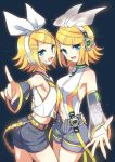  2girls akiyoshi_(tama-pete) armpits bare_shoulders belt black_shorts black_sleeves blonde_hair blue_eyes bow commentary crop_top detached_sleeves dual_persona fang hair_bow hair_ornament hairclip hand_on_hip headphones headset index_finger_raised kagamine_rin kagamine_rin_(append) light_blush looking_at_viewer microphone midriff multiple_girls nail_polish navel neckerchief outstretched_hand see-through shirt short_hair shorts shoulder_blush side-by-side sleeveless sleeveless_shirt smile treble_clef upper_body vocaloid vocaloid_append white_bow white_shirt yellow_belt yellow_neckwear 