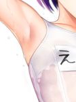  1girl armpits arms_up close-up fate_(series) helena_blavatsky_(fate/grand_order) kanzaki_muyu name_tag purple_hair school_swimsuit short_hair simple_background solo swimsuit water wet wet_clothes wet_swimsuit white_background white_school_swimsuit white_swimsuit 
