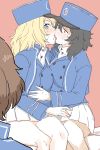  3girls andou_(girls_und_panzer) bangs bc_freedom_(emblem) bc_freedom_military_uniform black_hair blonde_hair blue_eyes blue_jacket blue_vest blush brown_eyes character_request constricted_pupils dark_skin emblem french_kiss girls_und_panzer girls_und_panzer_saishuushou hat high_collar highres jacket kiss long_sleeves looking_at_another medium_hair messy_hair military mo_(kireinamo) multiple_girls oshida_(girls_und_panzer) pleated_skirt shako_cap sketch skirt sweat tongue uniform vest white_skirt yuri 