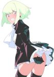  ass black_gloves black_jacket blonde_hair blush bottomless cravat earrings gloves jacket jewelry lio_fotia looking_back male_focus promare yuuhi_homare 