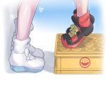  2girls bare_legs box feet_only heart height_difference highres lillie_(pokemon) mizuki_(pokemon) mizuumi_(bb) multiple_girls pokemon pokemon_(game) pokemon_sm shoes sneakers socks sweat tiptoes trembling 