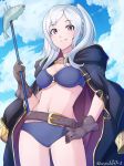  1girl bikini blush breasts cape cleavage female_my_unit_(fire_emblem:_kakusei) fire_emblem fire_emblem:_kakusei fire_emblem_heroes gloves grimmelsdathird highres hood long_hair looking_at_viewer my_unit_(fire_emblem:_kakusei) o-ring o-ring_top robe silver_hair simple_background smile solo swimsuit twintails weapon white_hair yellow_eyes 