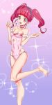  1girl ahoge bangs bare_shoulders blush breasts choker covered_navel covered_nipples full_body hair_ornament highres hoshina_hikaru jewelry long_hair looking_at_viewer medium_breasts one-piece_swimsuit ontaros open_mouth pink_eyes pink_hair pink_swimsuit precure shiny shiny_hair shiny_skin smile solo standing star star_twinkle_precure swimsuit twintails 