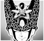  alien armor bio-android_(dragon_ball) black_and_white black_lips cell_(dragon_ball) dragon_ball duo frieza frieza_race gesture hi_res horn humanoid looking_at_viewer male monochrome pointing pointing_at_viewer sakkan69 scouter shoulder_guards size_difference 