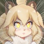  1girl animal_ear_fluff animal_ears blonde_hair blush commentary_request emphasis_lines fur_collar hair_between_eyes kemono_friends lion_(kemono_friends) lion_ears long_hair looking_at_viewer portrait solo t_jiroo_(ringofriend) yellow_eyes 