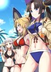  3girls :d abs ahoge bag bangs bikini black_bikini black_eyes black_hair blonde_hair blue_bikini blue_eyes braid breasts coconat_summer commentary_request cup day drinking_straw fate/grand_order fate_(series) food front-tie_bikini front-tie_top green_eyes grey_hair groin hair_ornament hair_scrunchie hand_on_hip highres holding holding_cup holding_food ice_cream jacket mordred_(fate)_(all) mordred_(swimsuit_rider)_(fate) multiple_girls navel open_mouth outdoors palm_tree parted_bangs penthesilea_(fate/grand_order) ponytail red_bikini red_scrunchie scrunchie shoulder_bag side_bun side_ponytail sidelocks smile surfboard swimsuit tied_jacket tied_sleeves tree ushiwakamaru_(fate/grand_order) ushiwakamaru_(swimsuit_assassin)_(fate) v-shaped_eyebrows yellow_jacket 