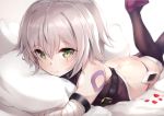  1girl ass bandaged_arm bandages bangs bare_shoulders bed_sheet black_footwear black_legwear black_panties black_shirt blurry blurry_background boots closed_mouth commentary depth_of_field eyebrows_visible_through_hair facial_scar fate/apocrypha fate/grand_order fate_(series) green_eyes grey_hair hair_between_eyes jack_the_ripper_(fate/apocrypha) legs_up looking_at_viewer lowleg lowleg_panties lying nakatokung on_stomach panties petals pillow pillow_hug revision scar scar_across_eye scar_on_cheek shirt shoulder_tattoo sleeveless sleeveless_shirt smile solo tattoo thigh_boots thighhighs underwear 