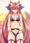  1girl animal_ear_fluff animal_ears blue_bra blue_panties bra breasts cameltoe collarbone fate/extra fate/grand_order fate_(series) fox_ears fox_girl fox_tail layered_panties looking_at_viewer medium_breasts navel panties pink_hair sidelocks smile solo standing tail tamamo_(fate)_(all) tamamo_no_mae_(fate) twintails underwear underwear_only yellow_eyes zucchini 