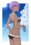  1girl ass bangs bare_arms bare_shoulders bikini black_bikini blue_sky blush breasts can closed_mouth cloud cloudy_sky dark_skin day eyebrows_visible_through_hair fate/prototype fate/prototype:_fragments_of_blue_and_silver fate_(series) hair_between_eyes hassan_of_serenity_(fate) holding holding_can i.u.y pocari_sweat purple_eyes purple_hair sidelocks sky small_breasts solo sun sweat swimsuit 