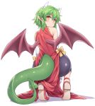  1girl armpit_crease between_legs bike_shorts blush china_dress chinese_clothes draco_centauros dragon_girl dragon_horns dragon_tail dragon_wings dress elbow_gloves expressionless from_behind full_body gloves green_hair hand_between_legs hasu_(hk_works) horns looking_at_viewer looking_back pointy_ears puyopuyo red_footwear shadow short_hair shorts_under_dress simple_background solo squatting tail white_background white_gloves wings yellow_eyes 
