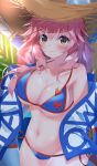  1girl absurdres bare_shoulders bikini blue_bikini blush breasts brown_eyes cleavage collarbone cowboy_shot day fate/grand_order fate_(series) hat highres large_breasts long_hair looking_at_viewer navel outdoors pink_hair shawl side-tie_bikini smile solo standing stomach straw_hat suisen-21 sunlight swimsuit tamamo_(fate)_(all) tamamo_no_mae_(swimsuit_lancer)_(fate) 