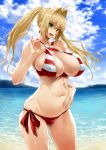  1girl absurdres ahoge bikini blonde_hair blush bonten breasts cleavage commentary cowboy_shot criss-cross_halter earrings fate/grand_order fate_(series) green_eyes hair_intakes halterneck highres huge_breasts jewelry long_hair looking_at_viewer navel nero_claudius_(fate) nero_claudius_(fate)_(all) nero_claudius_(swimsuit_caster)_(fate) ocean side-tie_bikini smile solo striped striped_bikini swimsuit twintails 