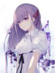  1girl blurry blurry_background breasts closed_mouth dress empty_eyes fate/stay_night fate_(series) hair_ribbon highres jname long_hair looking_at_viewer matou_sakura medium_breasts purple_eyes purple_hair red_ribbon ribbon short_sleeves solo white_dress 