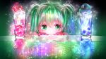  1girl blue_nails eyebrows_visible_through_hair glass green_eyes green_hair hair_between_eyes hatsune_miku hiding long_hair looking_at_viewer multicolored multicolored_nails nail_polish red_nails shigemu_room vocaloid 