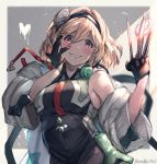  1girl bare_shoulders black_gloves blonde_hair blush brown_eyes commentary_request djeeta_(granblue_fantasy) doctor_(granblue_fantasy) gloves granblue_fantasy grin hair_intakes hairband hand_on_own_cheek heart highres labcoat looking_at_viewer milli_little scalpel shaded_face sketch smile solo stethoscope syringe yandere 