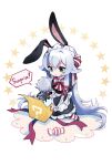  1girl ? alternate_costume altina_orion animal_ears apron bow bowtie bunny_ears candy chibi eiyuu_densetsu english_text enmaided eyebrows_visible_through_hair food full_body green_eyes hair_between_eyes hair_bow hair_flaps hair_ribbon highres jack-in-the-box long_hair long_sleeves maid maid_apron maid_headdress puffy_long_sleeves puffy_sleeves rean_schwartzer ribbon sen_no_kiseki sharlorc short_hair sidelocks silver_hair simple_background sitting speech_bubble star straight_hair striped striped_legwear striped_neckwear thighhighs white_background 