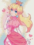  1girl blonde_hair blue_eyes blush_stickers breasts brooch cowboy_shot crown dress earrings elbow_gloves eyebrows_visible_through_hair finger_to_mouth gloves hair_between_eyes heart jewelry lips long_hair looking_at_viewer mario_(series) medium_breasts pink_dress princess_peach puffy_short_sleeves puffy_sleeves short_sleeves shuri_(84k) smile solo twitter_username white_gloves 