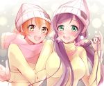  2girls :d arihara_(arhr0) arm_holding bangs beanie blush breasts green_eyes hair_between_eyes hair_tousle hat hoshizora_rin large_breasts long_hair love_live! love_live!_school_idol_project low_twintails multiple_girls open_mouth orange_hair purple_hair scarf scrunchie short_hair smile toujou_nozomi twintails yellow_eyes 
