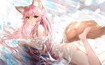  1girl animal_ear_fluff animal_ears ass breasts fate/grand_order fate_(series) flower fox_ears fox_tail lying nude on_stomach partially_submerged pink_hair see-through sideboob smile solo tail tamamo_(fate)_(all) tamamo_no_mae_(fate) the_pose touwa_nikuman yellow_eyes 