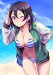  1girl ass_visible_through_thighs bangs beach bikini black_hair blue_sky blush breasts cleavage cloud collarbone commentary_request cowboy_shot day front-tie_top green_jacket grin hair_between_eyes hand_on_hip hand_up highres horizontal_stripes jacket kanabun large_breasts leaning_forward looking_at_viewer love_live! love_live!_sunshine!! love_live!_sunshine!!_the_school_idol_movie_over_the_rainbow navel one_eye_closed open_clothes open_jacket outdoors purple_eyes salute shiny shiny_skin short_hair sky smile solo standing striped striped_bikini swimsuit thighs two-tone_jacket unzipped watanabe_tsuki white_jacket 